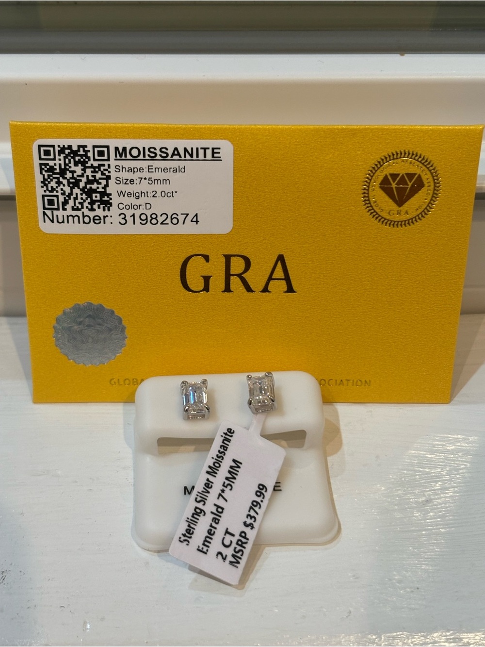 GRA Certified Emerald Cut Moissanite Stud Earrings - Clear/Silver.